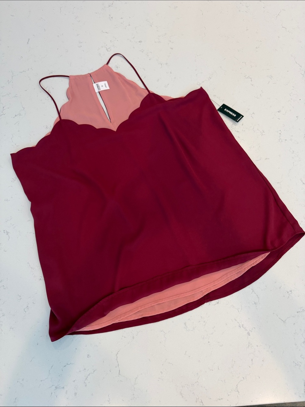 Express Double-Layer Scallop Cami in Wine with Pink Inset